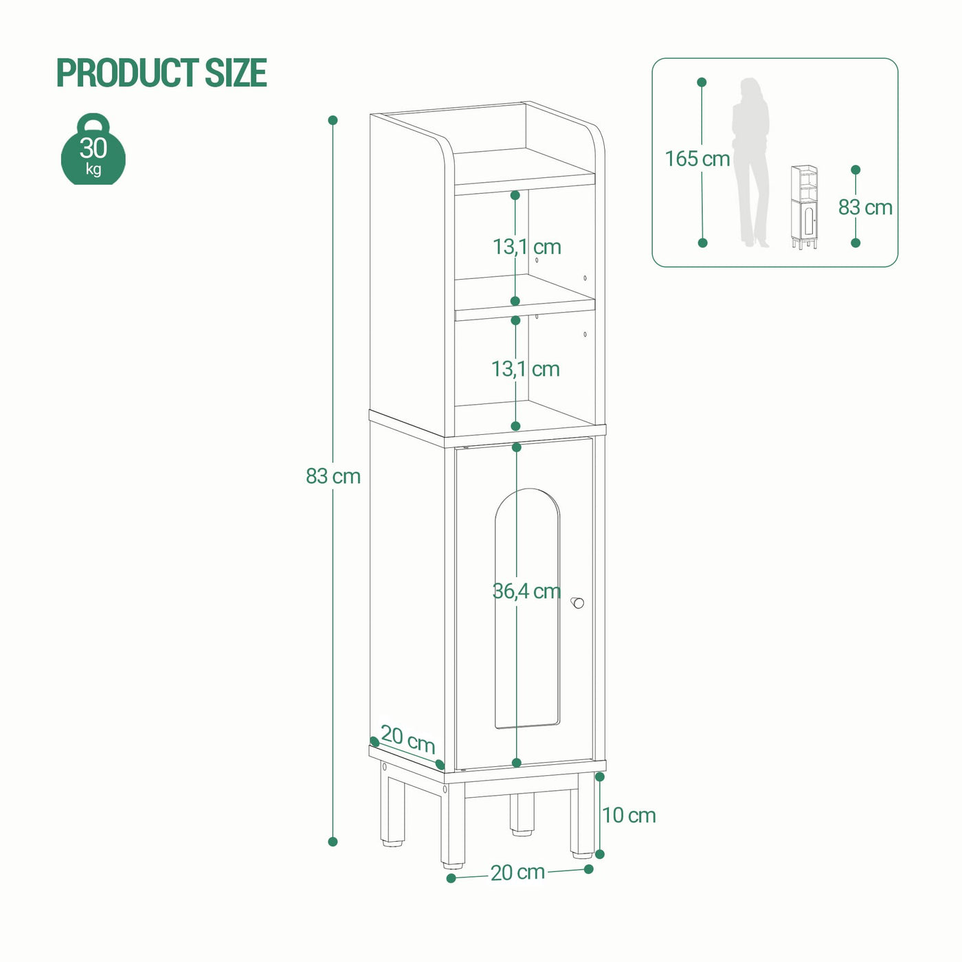 Hzuaneri Badezimmerschrank, Toilettenschrank, Badschrank, schmales Badregal, Verstellbare Ablagen, platzsparend, für kleine Räume, einfache Montage, 20 × 20 × 83 cm, weiß BC08203X