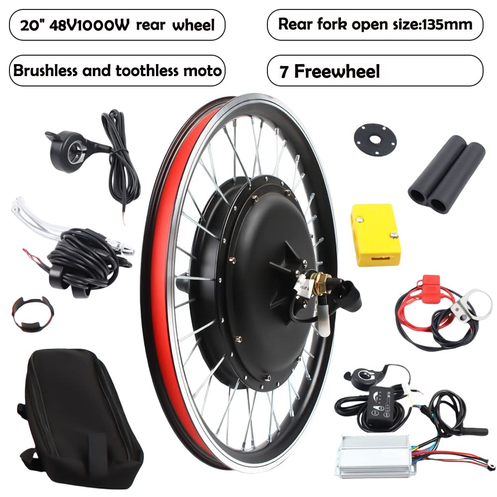 SOLOCJNL E-Bike Hinterrad Umrüstsatz, 48V 1000W Brushless Gearless Motor Kit mit LED Display, Daumenhebel für 20-Zoll Fahrrad