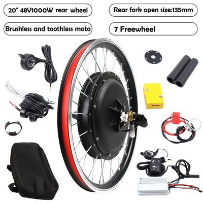 SOLOCJNL E-Bike Hinterrad Umrüstsatz, 48V 1000W Brushless Gearless Motor Kit mit LED Display, Daumenhebel für 20-Zoll Fahrrad