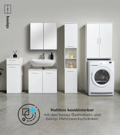 mokebo® Waschmaschinenschrank für Waschmaschinen & Trockner 'Der Saubermann', Überbau oder Überbauschrank mit Türen in Weiß aus Holz, auch als Toilettenregal oder WC-Regal in 65x180x34cm (B/H/T)