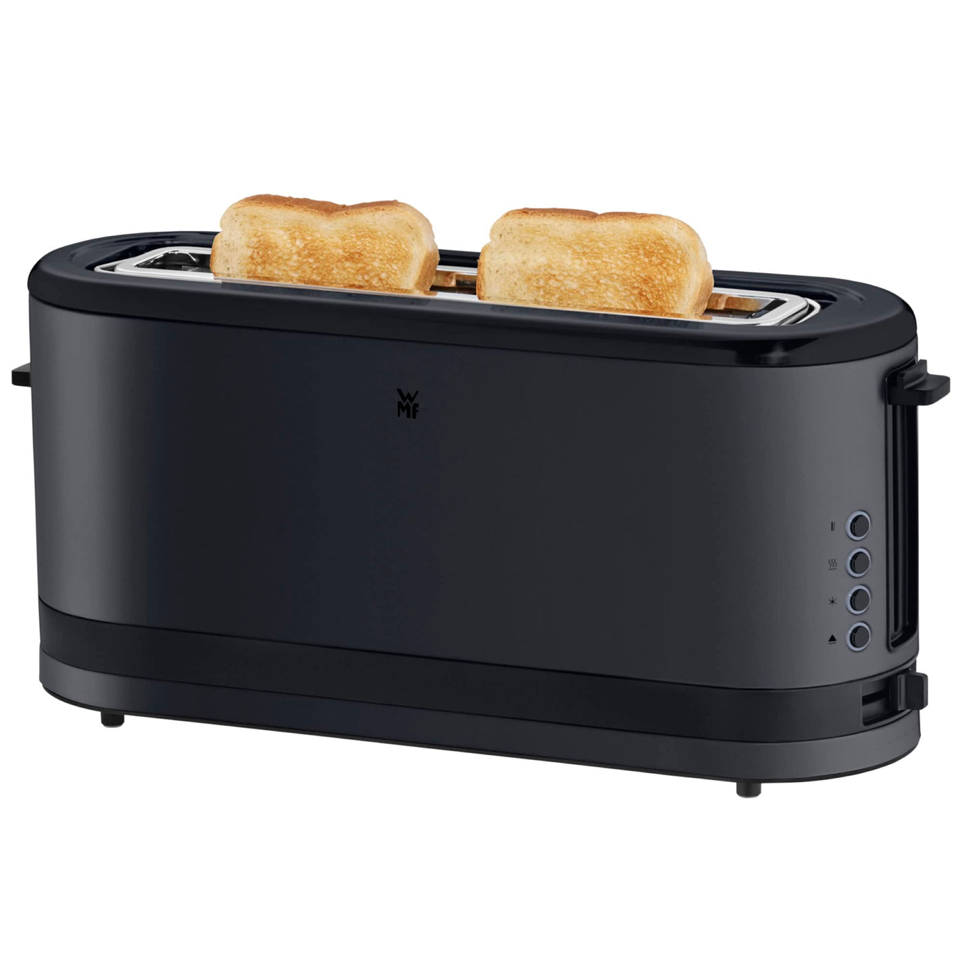 WMF Küchenminis Langschlitztoaster 2 Scheiben mit Brötchenaufsatz, Toaster schmal, XXL, Bagel-Funktion, 7 Bräunungsstufen, 900W, Toaster edelstahl matt, schwarz