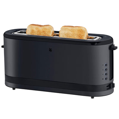 WMF Küchenminis Langschlitztoaster 2 Scheiben mit Brötchenaufsatz, Toaster schmal, XXL, Bagel-Funktion, 7 Bräunungsstufen, 900W, Toaster edelstahl matt, schwarz