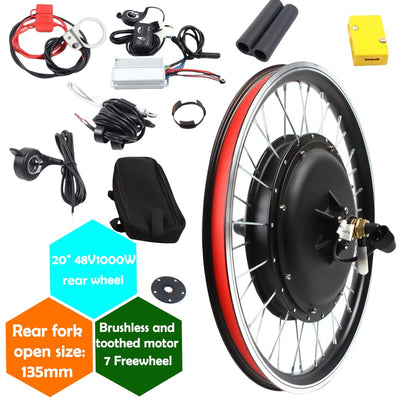 SOLOCJNL E-Bike Hinterrad Umrüstsatz, 48V 1000W Brushless Gearless Motor Kit mit LED Display, Daumenhebel für 20-Zoll Fahrrad