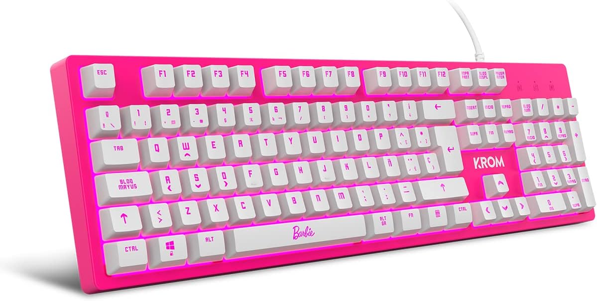 KROM Maus und -Mausunterlage Barbie Edition Kandy - Weiße LED-Membrantastatur, Maus optischem Sensor 6400 DPI, Mause-Matte hat eine Gummibasis, Französisch Layout, pink