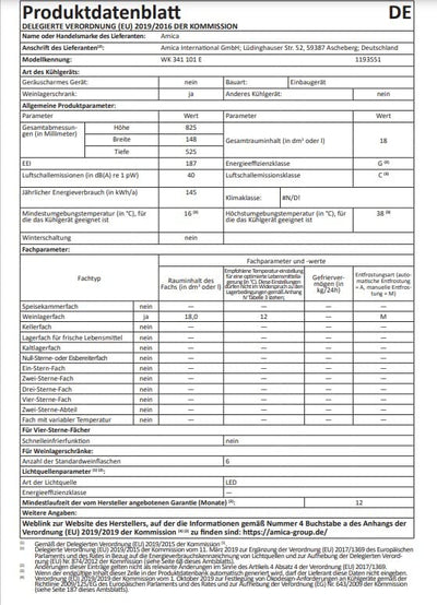 Amica WK 341 101 E Weintemperierschrank/Edelstahloptik / 82,5 cm (H) x 14,8 cm (B) x 52,5 cm (T) / 18 l Nutzinhalt/Elektronische Steuerung/Ventilator/LED-Beleuchtung