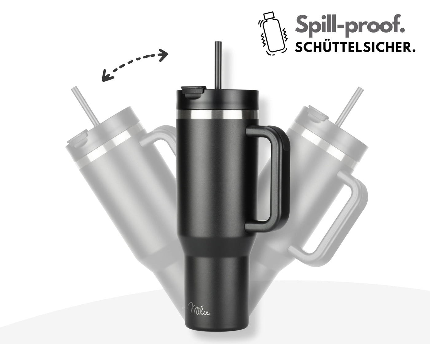 Milu Thermobecher 1200ml mit Strohhalm und Henkel – 48h Eis/24h kalt/12h heiß Edelstahl Tumbler 40oz mit Griff - Isolierbecher to go - Isolierflasche Trinkflasche doppelwandig isoliert (Schwarz, 1,2L)