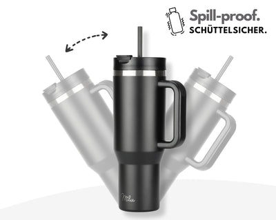 Milu Thermobecher 1200ml mit Strohhalm und Henkel – 48h Eis/24h kalt/12h heiß Edelstahl Tumbler 40oz mit Griff - Isolierbecher to go - Isolierflasche Trinkflasche doppelwandig isoliert (Schwarz, 1,2L)