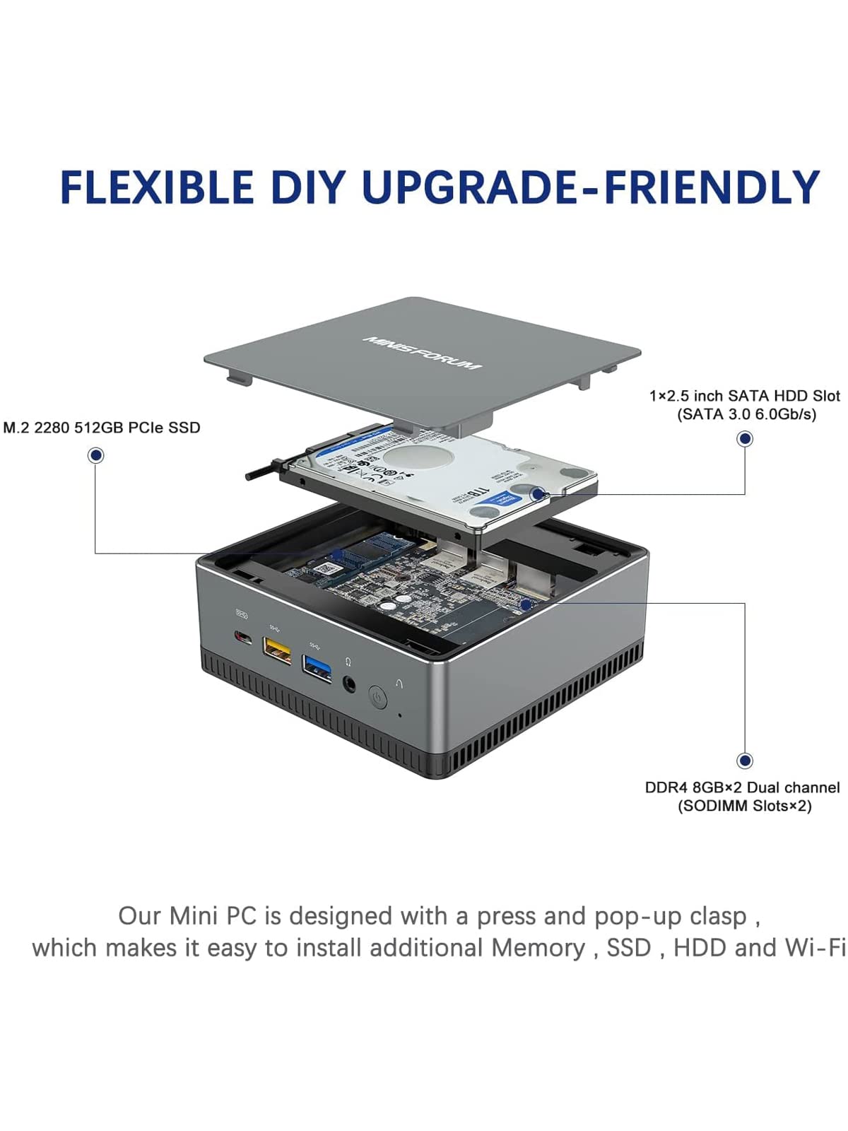 MINIS FORUM Mini PC UM700,AMD Ryzen 7 3750H 4-Kern-CPU 16 GB DDR4/512 GB SSD Mini Desktop Computer,HDMI/USB-C/DisplayPort,WLAN,USB3.1 * 3