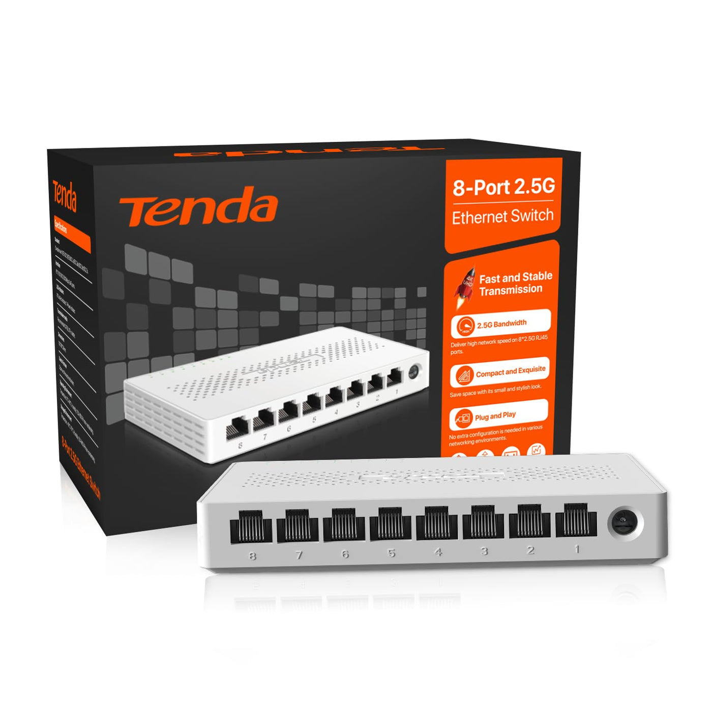 Tenda Switch 8 Port 2.5 Gigabit Netzwerk Switch LAN Switch (Plug-and-Play LAN Splitter LAN Verteiler, Unmanaged, Lüfterlos, Ideal für 2,5G NAS, Server, WiFi 6/7 AP, Gaming-PC) (SE108)