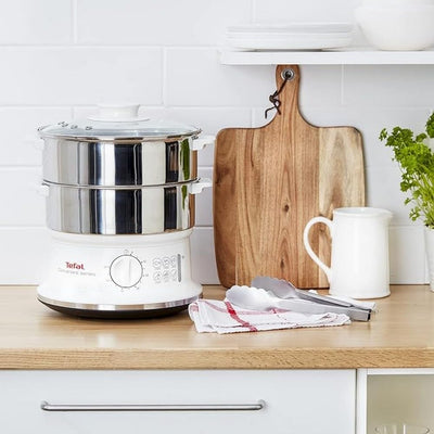 Tefal Dampfgarer VC1451 | 2 Edelstahlbehälter | 6L Fassungsvermögen | 24cm Durchmesser | Timer und automatische Abschaltung | 900W | Weiß