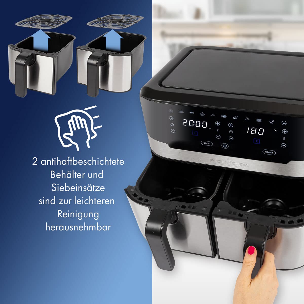 ProfiCook® Doppel-Heißluftfritteuse | 9 Liter | XXL Heißluftfritteuse Doppelkammer | Frittieren mit heißer Luft ohne zusätzliches Öl | 9 Programme | Air Fryer |Touchscreen | 2400 Watt | PC-FR 1242 H