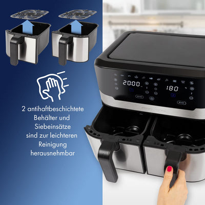 ProfiCook® Doppel-Heißluftfritteuse | 9 Liter | XXL Heißluftfritteuse Doppelkammer | Frittieren mit heißer Luft ohne zusätzliches Öl | 9 Programme | Air Fryer |Touchscreen | 2400 Watt | PC-FR 1242 H