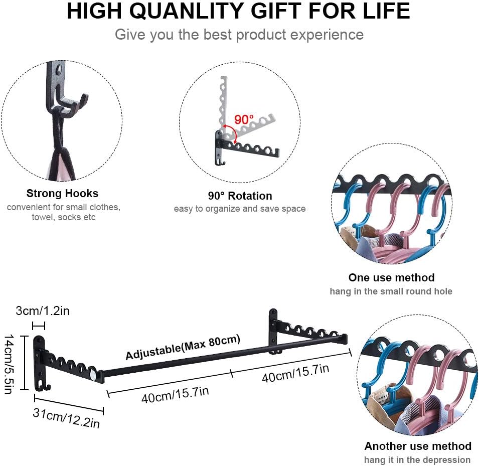 LIVEHITOP Kleiderstange Wand, Faltbarer Wäscheständer Zubehör Kleiderbügel Hakenstange Stange Aluminium für Badezimmer Schlafzimmer Hotel (Schwarz, 2)