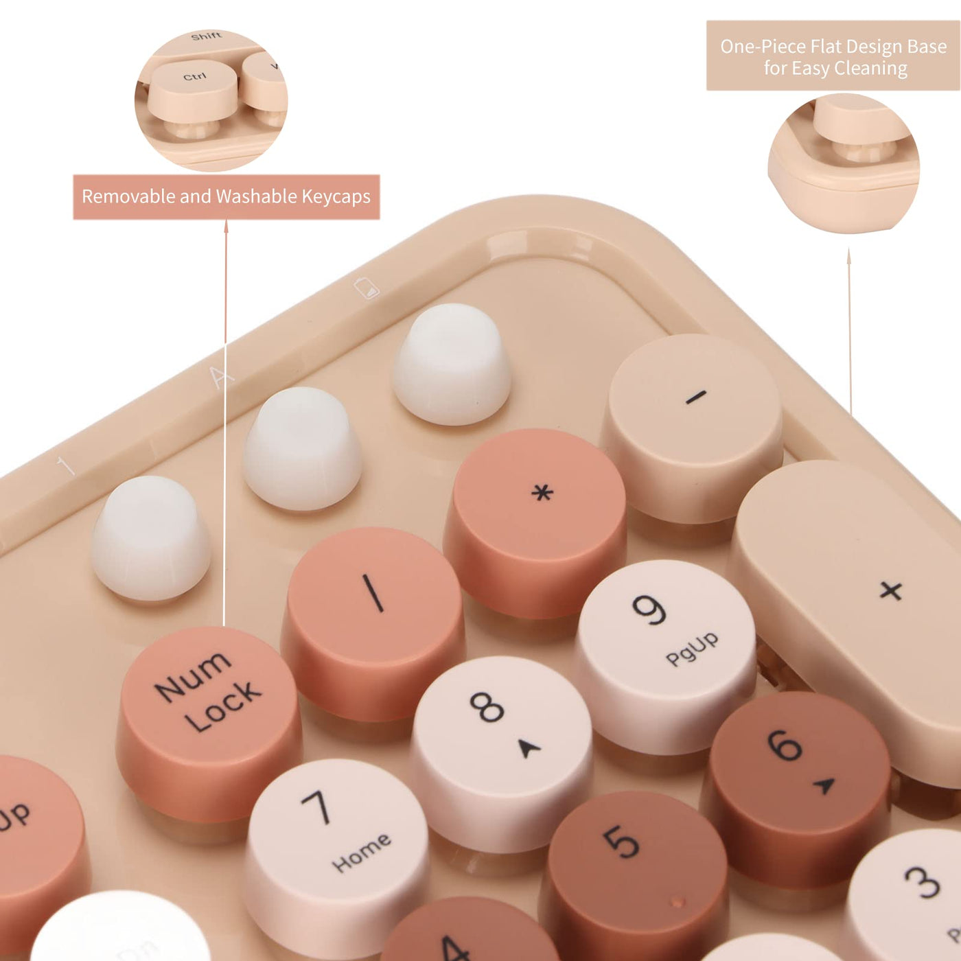 Tastatur Maus Set Kabellos, 2.4GHz tastatur kabellos mit abnehmbaren runden Tastenkappen, Niedliche 104 Tasten Milchtee Tastatur und Maus für Office Home Gaming