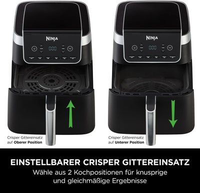 Ninja Air Fryer Heißluftfritteuse MAX PRO, 6,2L Airfryer, Antihaftbeschichtung, spülmaschinenfester Korb und Crisper Gittereinsatz, Fritteuse ohne Öl, digital, Kochen aus dem Gefrorenen, Grau, AF180EU