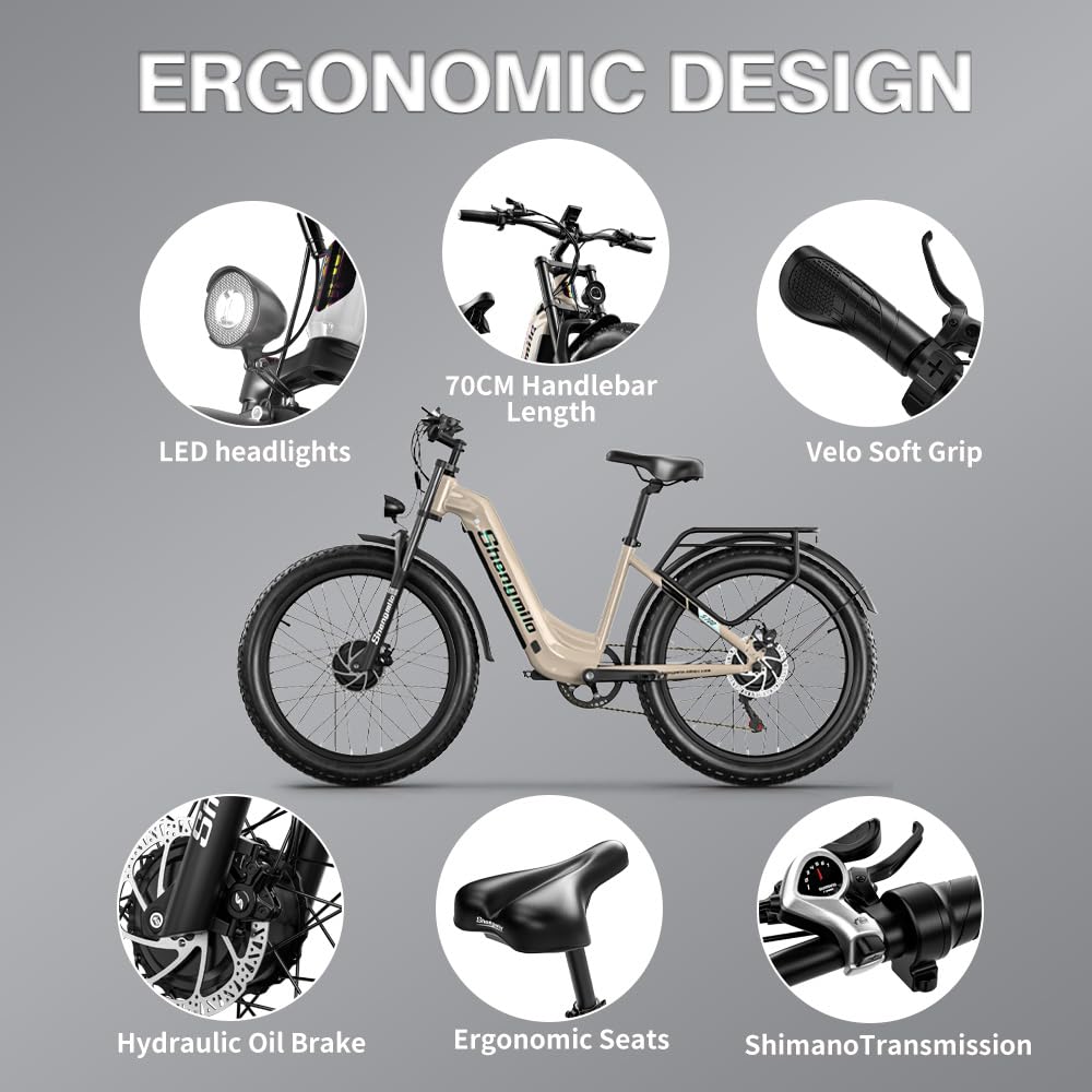 Shengmilo E Bike Elektrofahrrad Herren Damen 26'' E-Mountainbike E-Bike 48V17.5Ah Akku 7 Gang Schaltwerk Elektrisches Fahrrad mit Bafang motor Fat Tire hydraulische Scheibenbremsen Hinter Gepäckträger