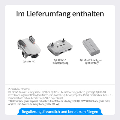 DJI Mini 4K Drohne mit 4K UHD Kamera Für Erwachsene, 3-Achsen-Gimbal-Stabilisierung, C0, QuickShots, 10 km Videoübertragung, Autom. Rückkehr, Windstabil, 1 Akku (31 min Flugzeit), Unter 249g