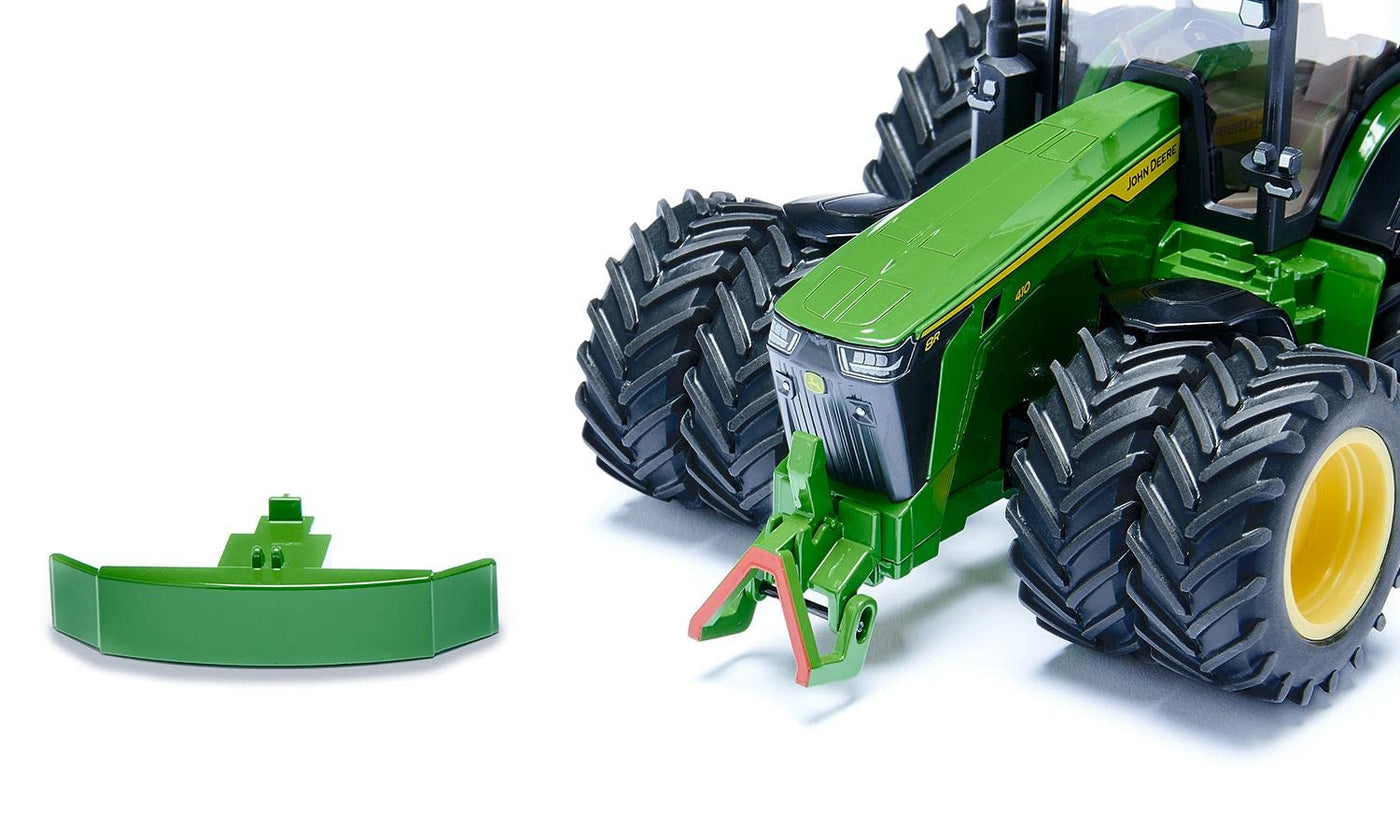 siku 3292, John Deere 8R 410 mit Doppelbereifung, Spielzeug-Traktor, 1:32, Metall/Kunststoff, Grün, Abnehmbares Frontgewicht, Achsschenkellenkung, Abnehmbare Kabine, Front- und Heckkupplung