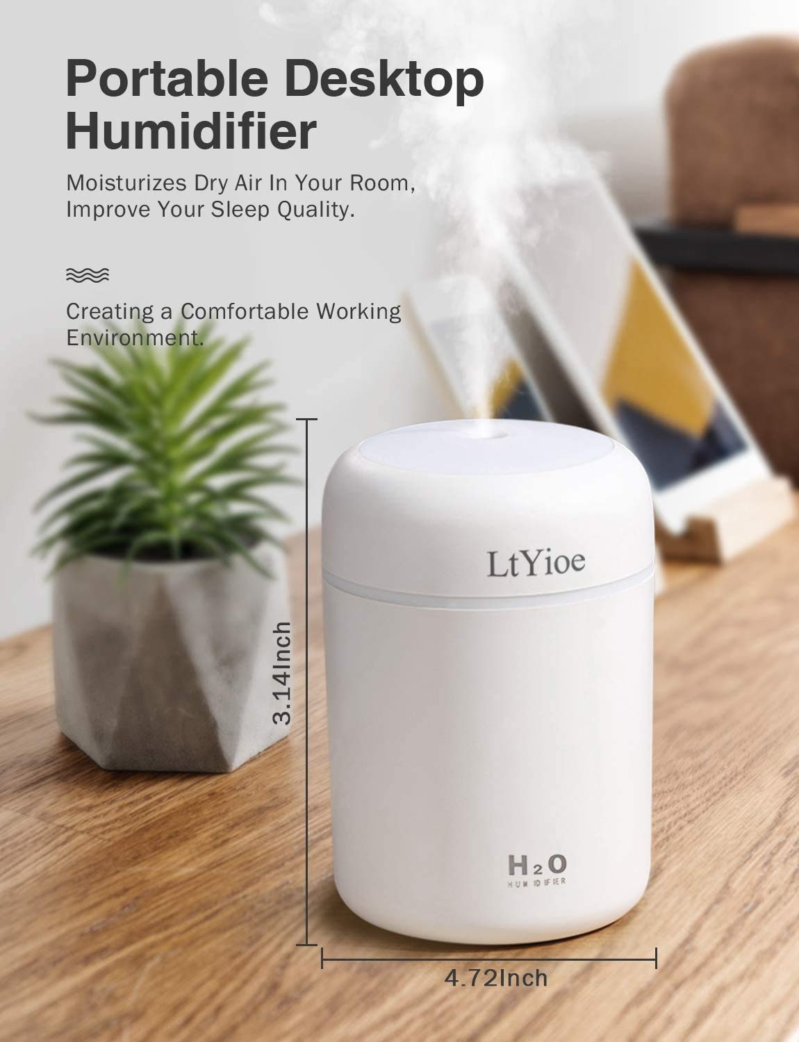 LtYioe Luftbefeuchter, Persönlicher Desktop Mini Luftbefeuchter mit Bunter Cooler Nachtlichtfunktion, Automatische Abschaltung und Super leise für Auto, Büro, Schlafzimmer (Weiß)