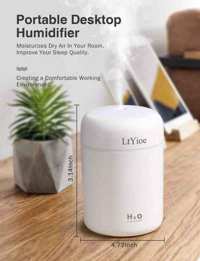 LtYioe Luftbefeuchter, Persönlicher Desktop Mini Luftbefeuchter mit Bunter Cooler Nachtlichtfunktion, Automatische Abschaltung und Super leise für Auto, Büro, Schlafzimmer (Weiß)
