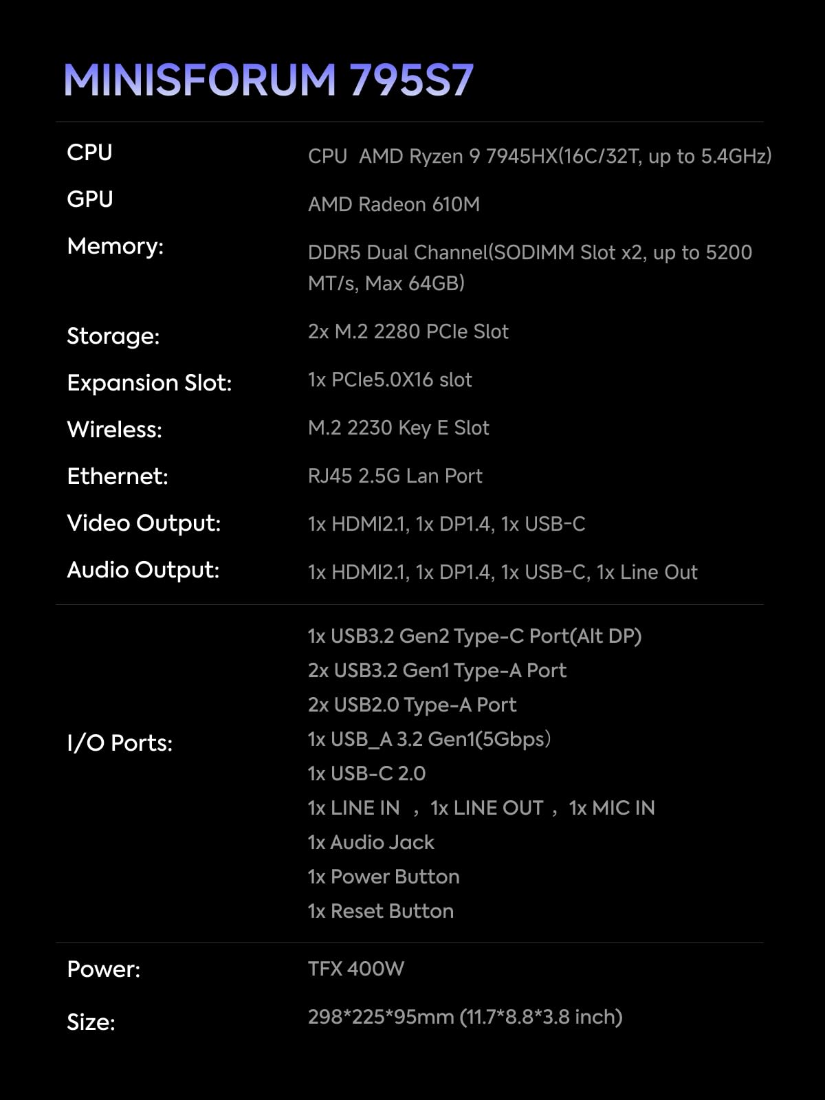 Minis Forum 795S7 Mini PC, AMD Ryzen 9 7945HX-Prozessor, 16C/32T bis zu 5,4 GHz, GeForce RTX 4060 8G, 32 GB DDR5 RAM, max. 64 GB/1 TB PCIe4.0 SSD, HDMI/DP/RJ45-Erweiterungen 2,5 G/PCIe 5,0X16