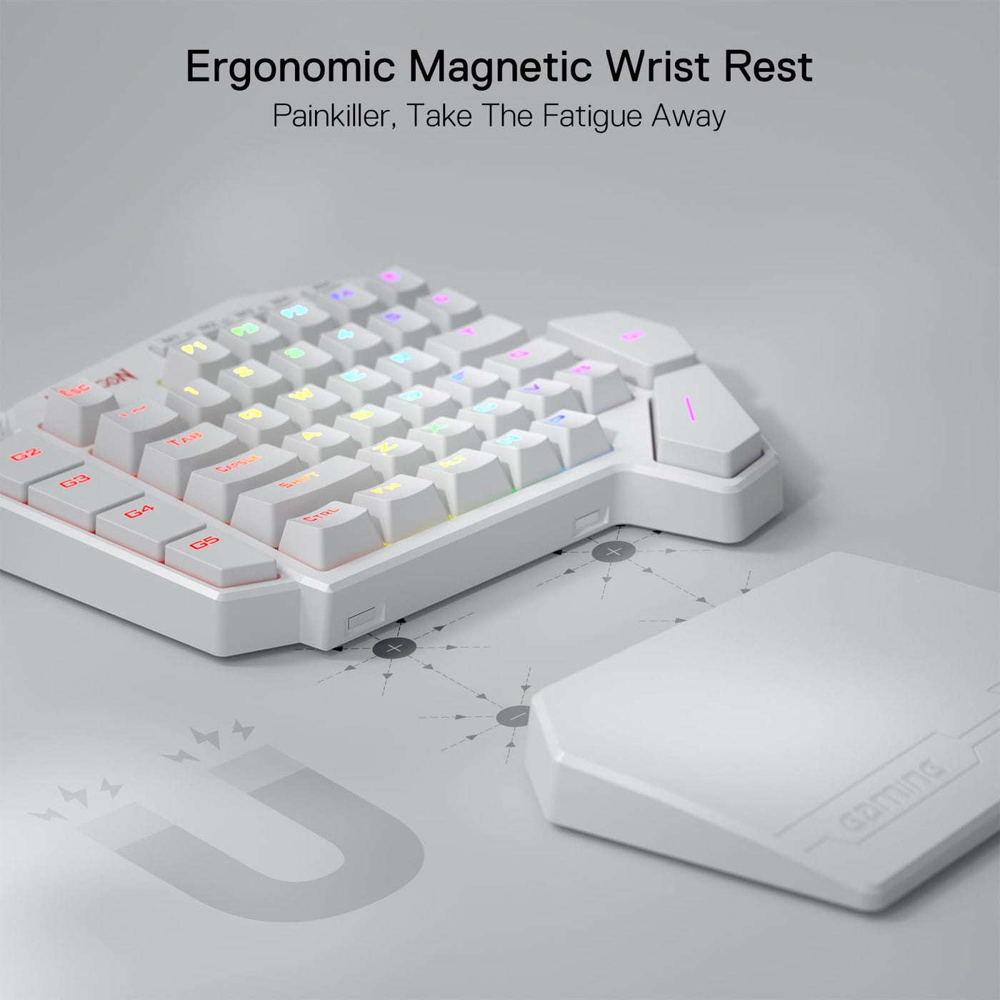 Redragon K585 DITI Einhändige mechanische RGB-Gaming-Tastatur, Typ-C-Profi-Gaming-Tastatur mit 7 integrierten Makrotasten, abnehmbare Handballenauflage, 42 Tasten (weiß, Blauer Schalter)