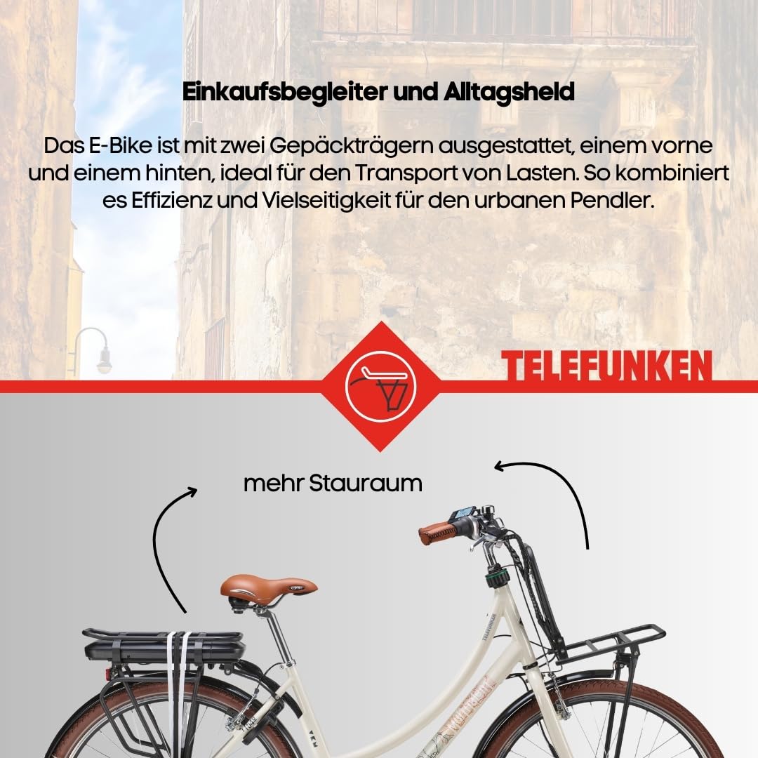 TELEFUNKEN E-Bike Elektrofahrrad 28 Zoll mit 7-Gang Nabenschaltung, Retro Pedelec Citybike mit Gepäckträger und Fahrradschloss, Frontmotor 250 W und 13 Ah, 36V Li-Ion Akku, RT540 Multitalent