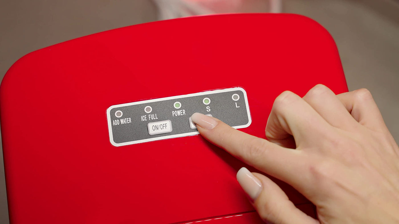 Salco Coca Cola Eiswürfelmaschine – Kompakter Eiswürfelbereiter mit 2 Eiswürfelgrößen, 12 kg Eis in 24 Stunden, Automatische Warnfunktion, Ice Maker Retro-Design in Rot