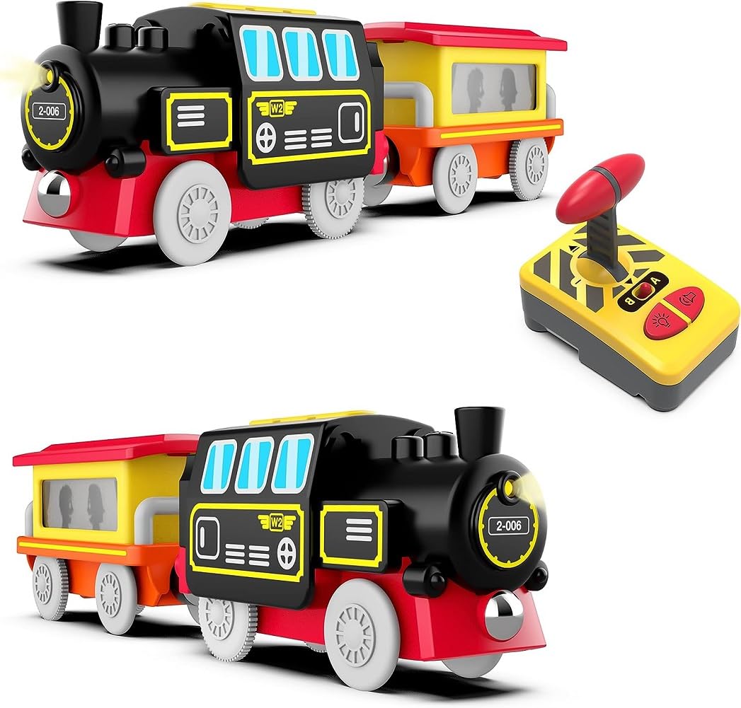 TOPLIVING Motorisierter Zug für Holzschienen, Ferngesteuerter Zug mit magnetischer Verbindung, batteriebetriebener Lokomotivzug für Kleinkinder, kompatibel mit Thomas, Brio, Chuggington