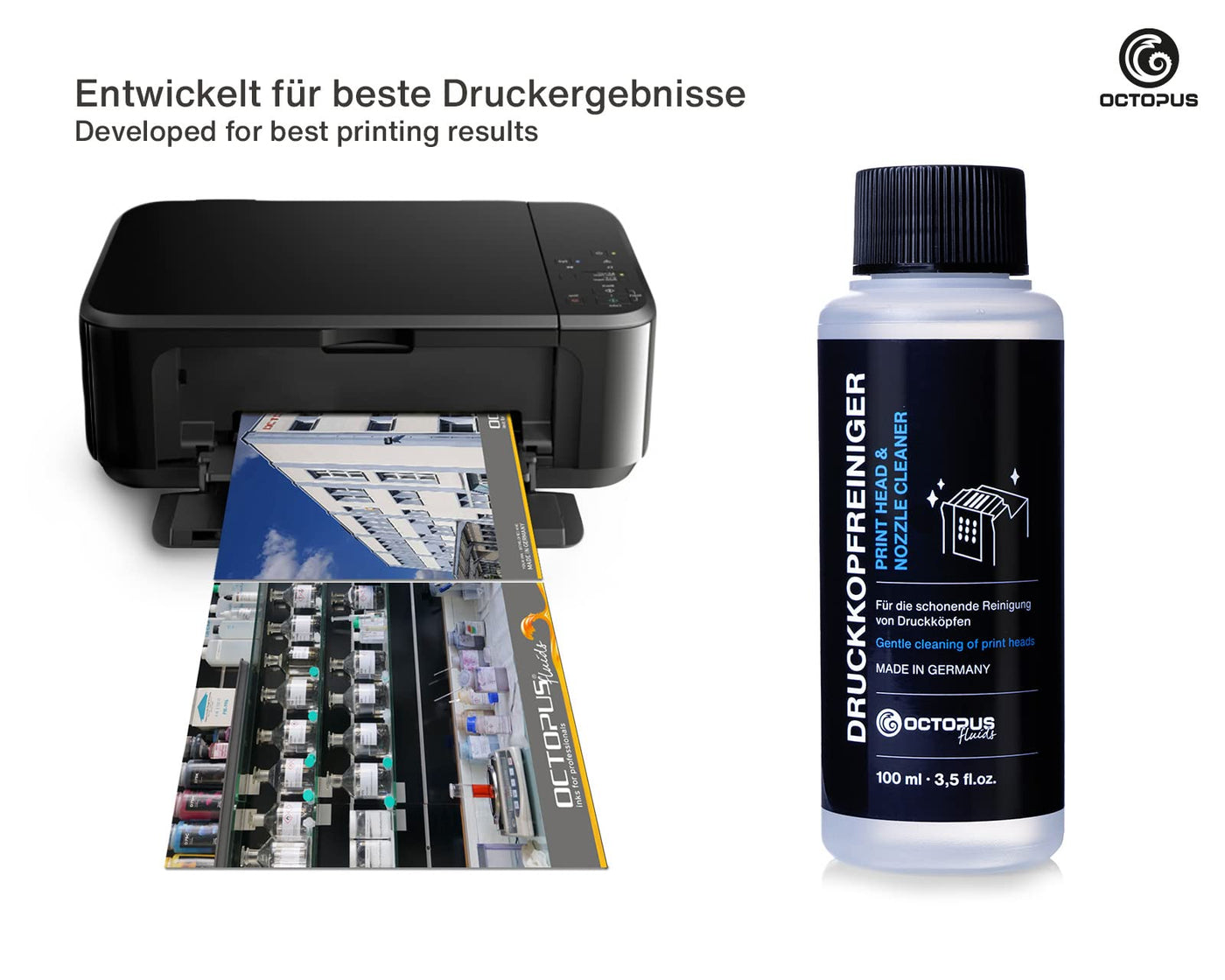 Octopus Düsenreiniger, Druckkopfreiniger kompatibel für Epson Druckköpfe mit Schlauchadaptern (100 ml)