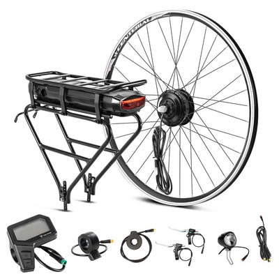 YOSE POWER Ebike Kit 36V250W 28" Frontmotor Fahrrad E-Bike Hub Umbausatz Integrierte Controller mit 36V 13Ah Gepäckträger Akku für 28" Scheibenbremse V-Brake Hinterrad Bike mit Rücklicht