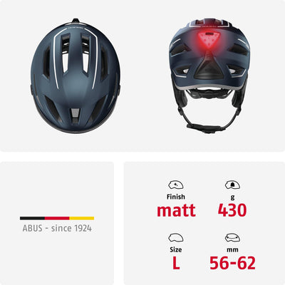 ABUS Stadthelm Pedelec 2.0 ACE - Fahrradhelm mit Rücklicht, Visier, Regenhaube, Ohrenschutz - für Damen und Herren - Blau Matt, Größe L