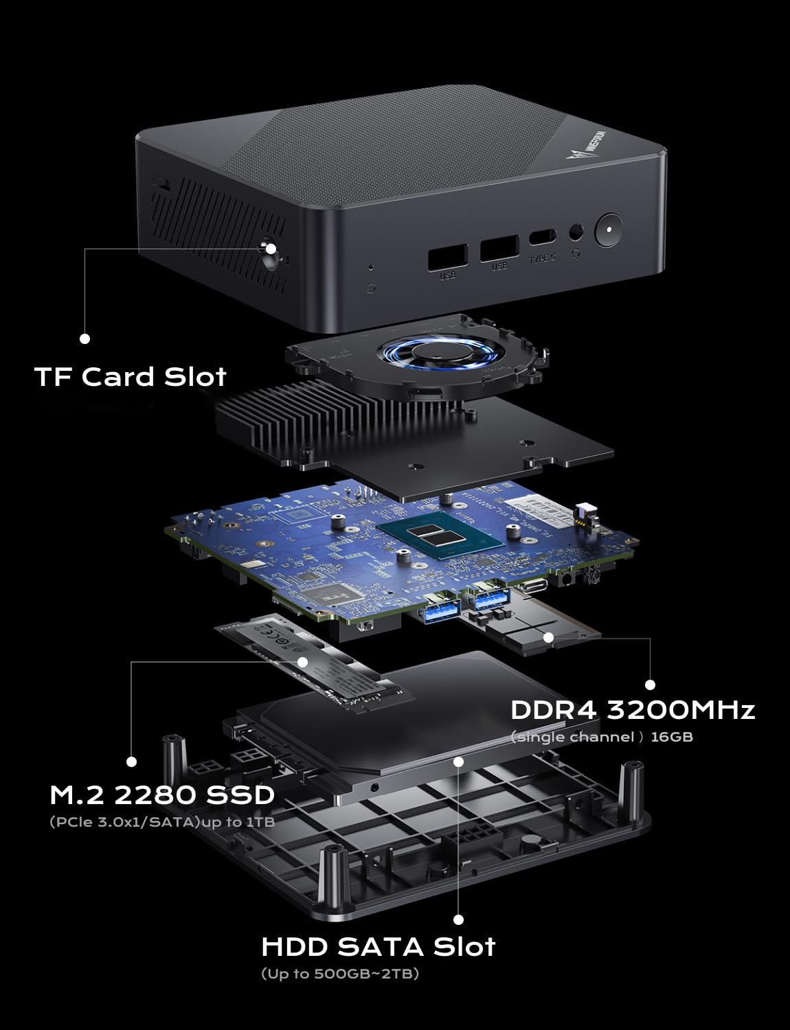 MINIS FORUM Mini-PC UN100P, Intel Alder Lake der 12. Generation – N100, 16 GB DDR4 RAM 512 GB PCIe SSD, 2 x HDMI 2.1 TMDS/USB-C, 4 x USB-Anschlüsse, 2,5 G RJ45, WiFi 6, BT5.2