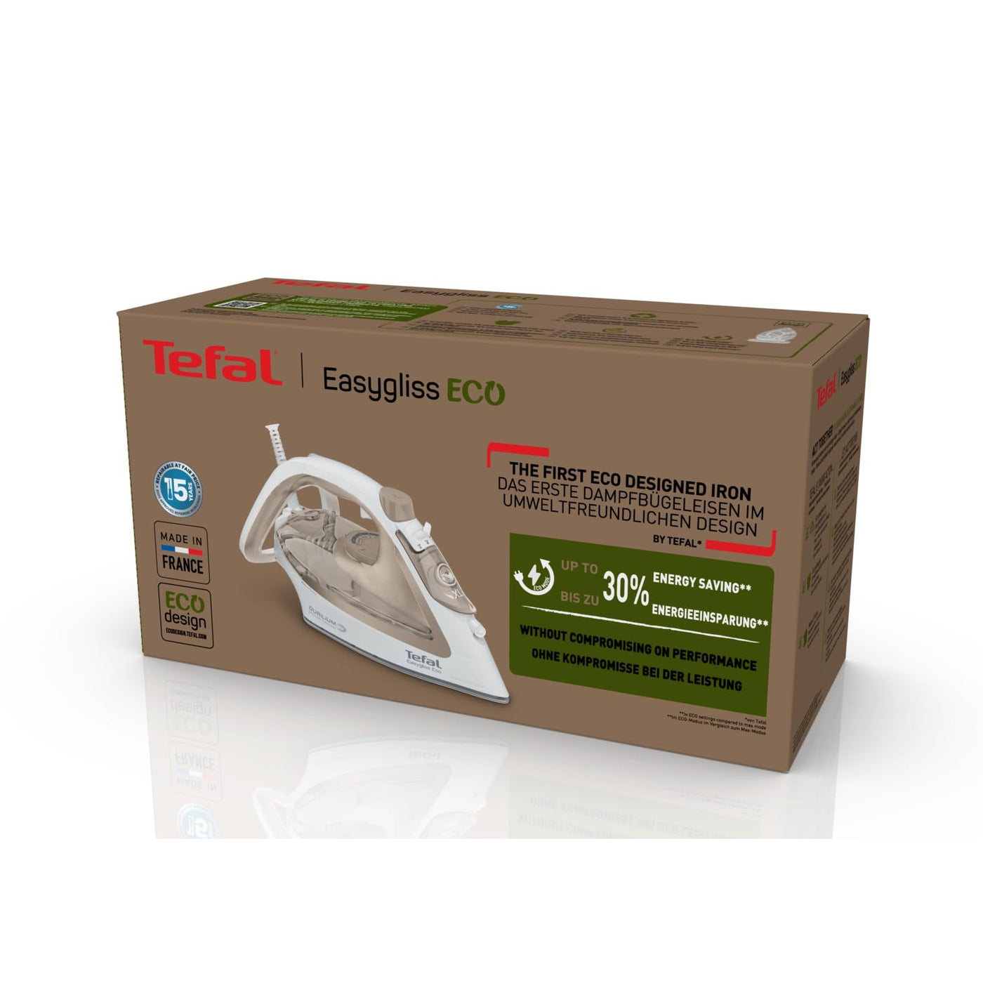 Tefal Easygliss Eco Dampfbügeleisen, 2800 Watt, 240 g/Min. Dampfstoß, 50 g/Min. automatischer Dampf, Vertikaldampf, Durilium AirGlide Bügelsohle, 88% recycelbar, Eco-Modus, mocha/weiß, FV5780