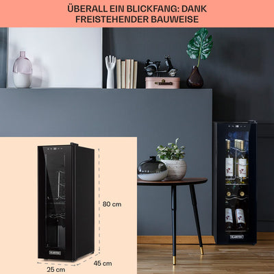 Klarstein Weinkühlschrank, 1 Zonen Getränkekühlschrank Klein, Kleiner Weinschrank 32L, Wein-Kühlschrank Klein mit Glastür, Indoor/Outdoor Flaschenkühlschrank, Wine Fridge 5-18°C, 12 Flaschen
