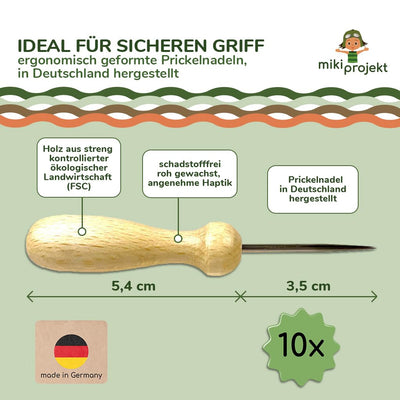 mikiprojekt® 10x Prickel Set Kinder - Made in Germany - 10x ergonomische Prickelnadel Holz + 10x Prickelunterlage Filz (20x15x1 cm) - XXL Prickelset für Gruppen - Vorteilspreis – sicheres Prickeln