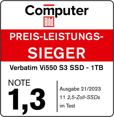 Verbatim Vi550 S3 SSD, internes SSD-Laufwerk mit 512 GB Datenspeicher, Solid State Drive mit 2,5'' SATA III Schnittstelle und 3D-NAND-Technologie, schwarz