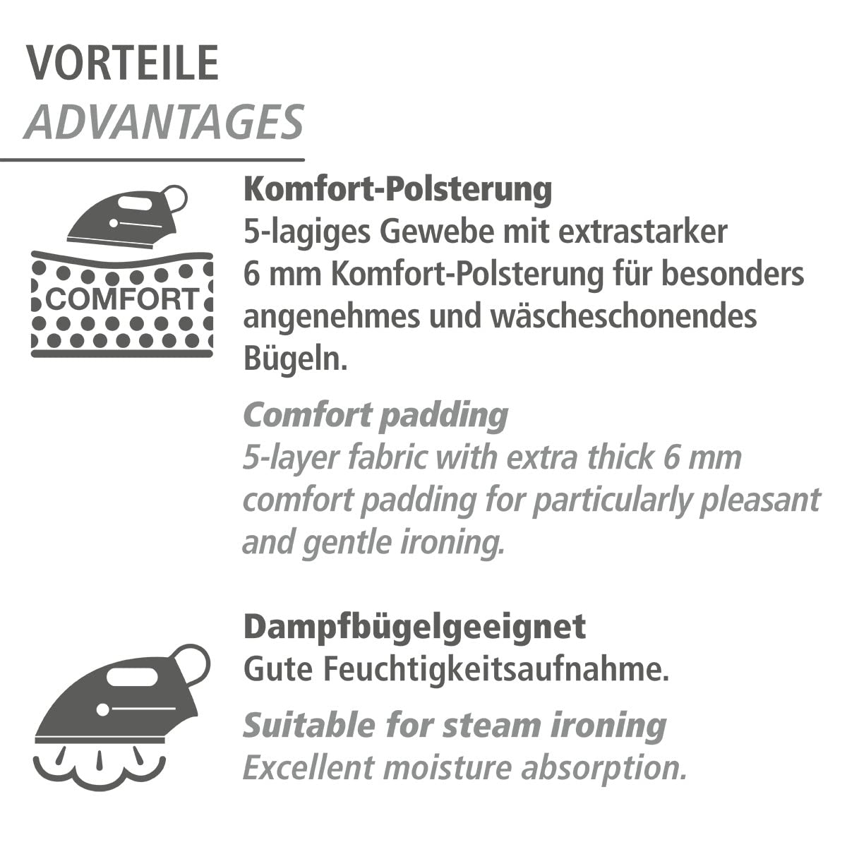 WENKO Bügeldecke Air Comfort Blitzbügler, Blitzbüglerzone, 5-lagige Komfort-Polsterung, Hitzereflektion & Dampfsperre, 130 x 65 cm