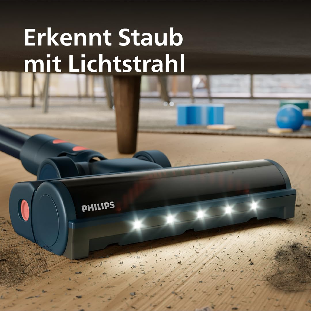 Philips Kabelloser Staubsauger 5000 Series Flex, Starke Saugkraft, 60 Min. Laufzeit, Düse mit LED-Beleuchtung, Tierhaar-Düse, Fugendüse und Kombi-Zubehör, Display, Austauschbarer Akku (XC5243/10)