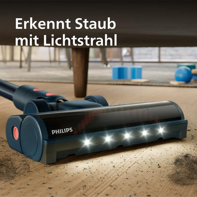 Philips Kabelloser Staubsauger 5000 Series Flex, Starke Saugkraft, 60 Min. Laufzeit, Düse mit LED-Beleuchtung, Tierhaar-Düse, Fugendüse und Kombi-Zubehör, Display, Austauschbarer Akku (XC5243/10)