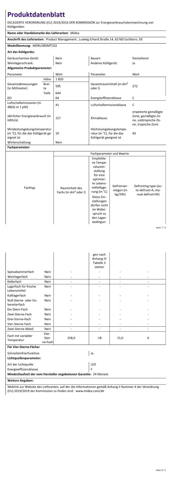 Midea MDRU385MTC02 Gefrierschrank/Kühlschrank/272L/185 cm hoch/NoFrost/Flexible Kühl- und Gefrierfunktion/Superkühl/Große Fächer/Zero Clearance/Easy Open Handgriff/Wechselbarer Türanschlag/Inox