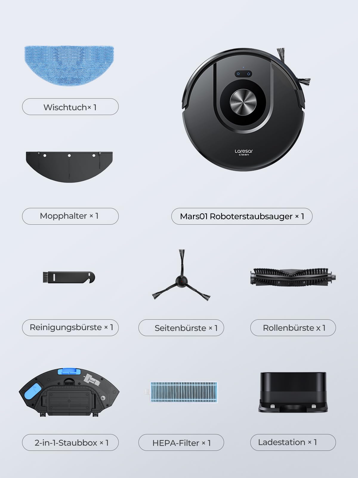Laresar Clean Saugroboter mit Wischfunktion, Saugroboter mit LiDAR Navigation, Live-Karte, 5000Pa Staubsauger Roboter Mars01 bis zu 180Min, Ideal für Tierhaare, Teppich, Hartboden