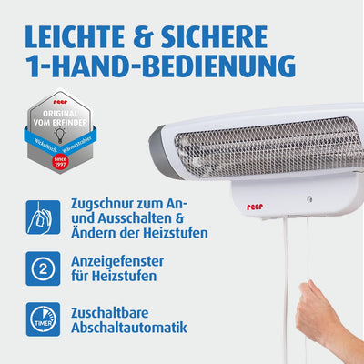 reer Wickeltischstrahler FeelWell 2in1, Standheizstrahler und Wandmontage, 2 Heizstufen, Timer, Kippsicherung, geprüft nach Medizinstandard, Weiß, aus Metall