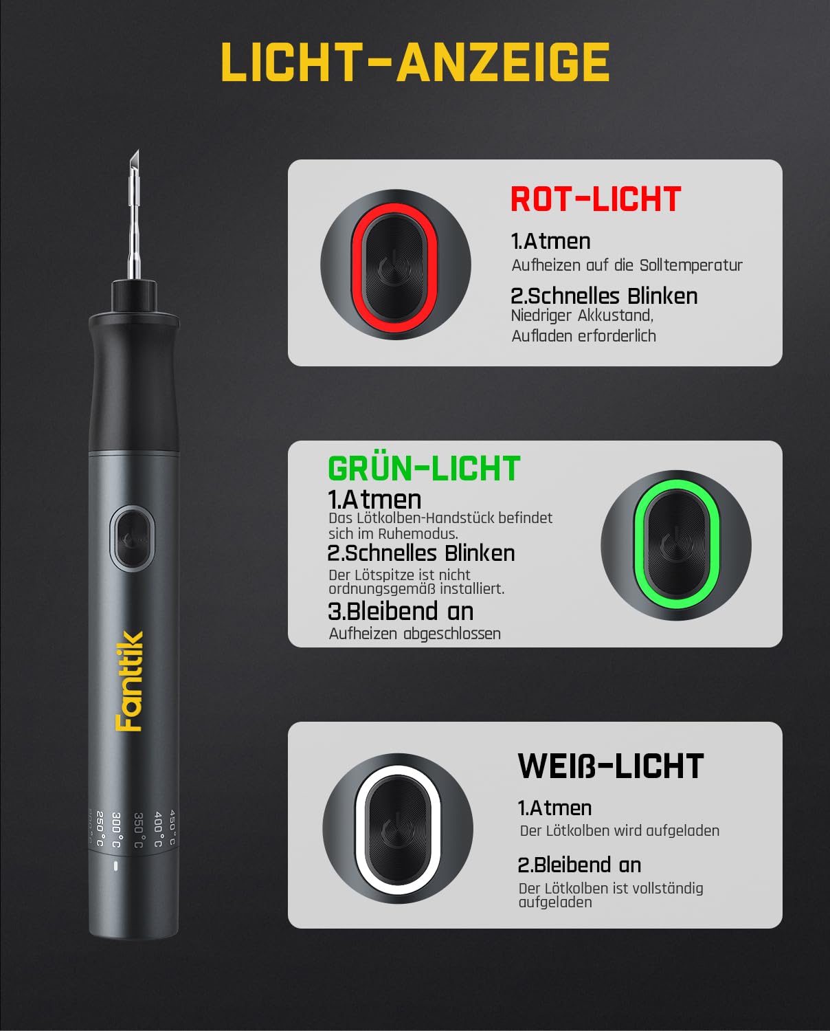 Fanttik T1 Max Präzisions Lötkolben Set, kabelloser Lötkolben, 7 Sek. schnelles Aufheizen，6 Temperatur Einstellbar 200~450 ℃, 4 Lötspitzen (C210), 360° drehbarer Ständer, Lötkolben für Reparaturen