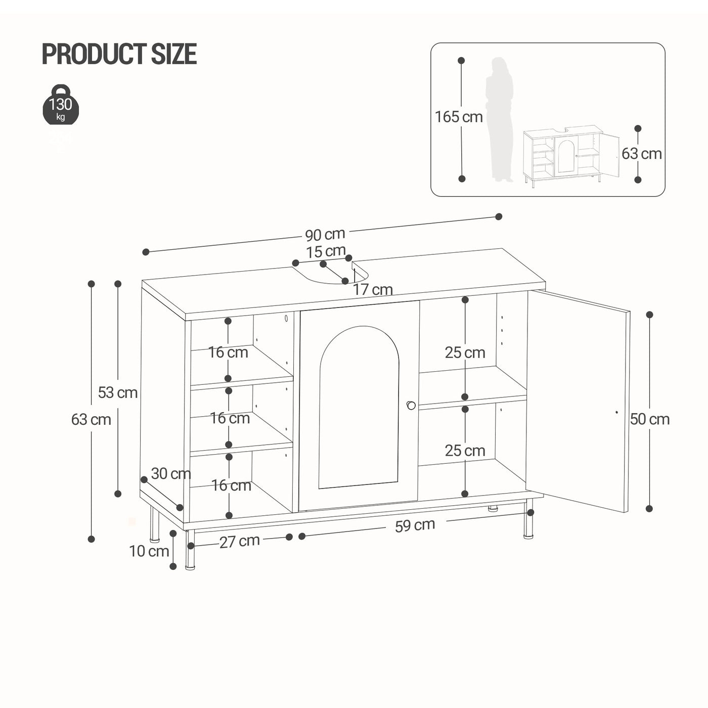 Hzuaneri Waschbeckenunterschrank, Unterschrank, Waschtischunterschrank, Badezimmerschrank mit 2 Türen, verstellbare Ablage, viel Stauraum, Moderner Stil, 30 x 90 x 63 cm, Weiß BC09803G
