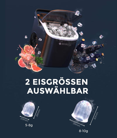 ecozy Eiswürfelmaschine, Eiswürfelmaschine Klein, Selbstreinigende Eiswürfelmaschinen, 2 Eiswürfel Größen Ice Cube Maker, 9 Würfel in 6 Minuten Fertig, 12 KG/24H Eiswürfelbereiter für Zuhause, Party