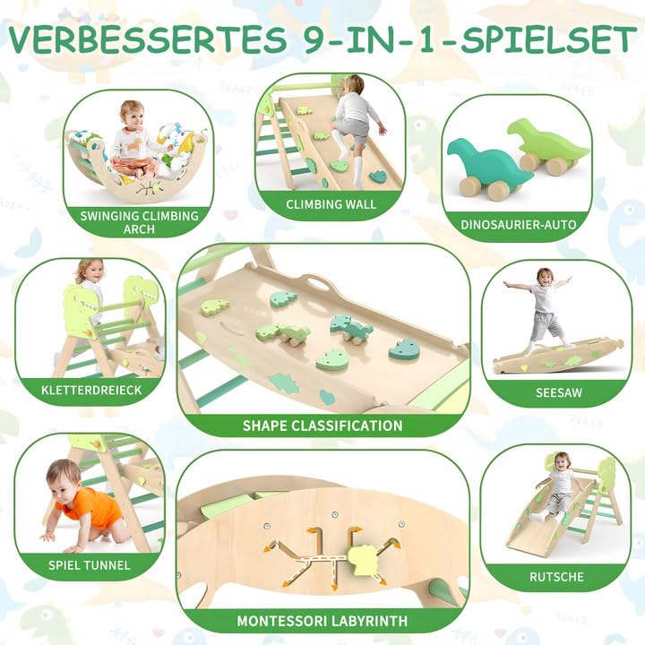 LEWGEE Montessori Indoor Spielset:9-in-1 Klettergerüst,Indoor Kletterdreieck, Kletterbogen mit Kissen,und Rutsche für Kinder,Indoor Spielplatz 1-3 Jahre