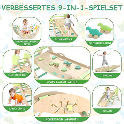 LEWGEE Montessori Indoor Spielset:9-in-1 Klettergerüst,Indoor Kletterdreieck, Kletterbogen mit Kissen,und Rutsche für Kinder,Indoor Spielplatz 1-3 Jahre
