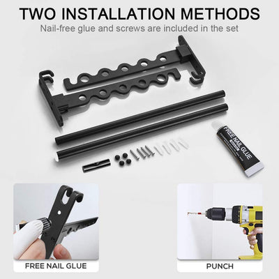 LIVEHITOP Kleiderstange Wand, Faltbarer Wäscheständer Zubehör Kleiderbügel Hakenstange Stange Aluminium für Badezimmer Schlafzimmer Hotel (Schwarz, 2)