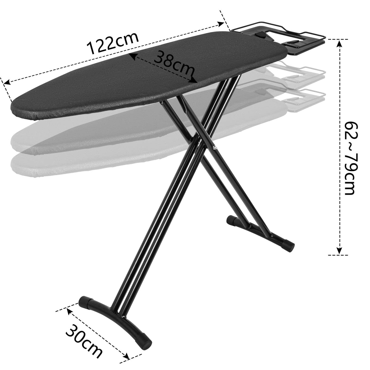 IBVIVIC Bügelbrett Comfortboard, Bügelfläche 122 x 38 cm, höhenverstellbar, platzsparend klappbar, Für meisten Dampfbügelstationen geeignet ist, Schwarz